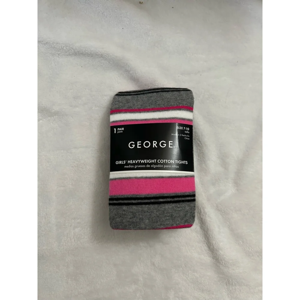 NEW Girls George Tights Size 7-10 Gray Pink Striped Heavyweight Cotton
